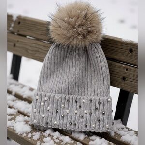 Grey Wool Knit Beanie with Real Fox Pom Pom and Pearls